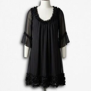 Holy Codi Studio Black Ruffle Mini Dress Sheer Bell Sleeve Babydoll Small